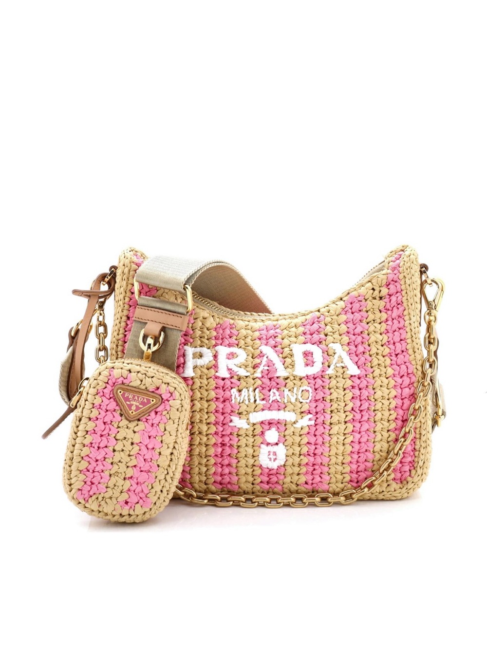 Prada Re-Edition 2005 Raffia Crochet Pink Striped Naturale Petalo Limited Ed